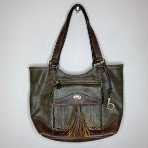 BOC Born Concept Shoulder Bag Olive Green Brown Accents Tassel Tote Satchel